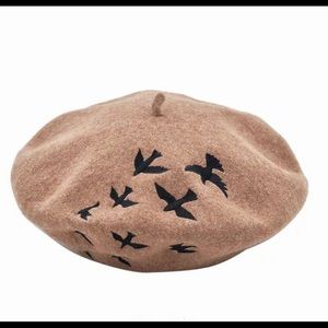 New Tan and black birds woolen embroidered casual painters beret hat
